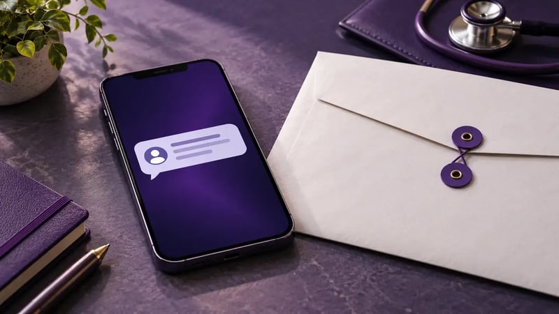 AI-generated editorial image: Unbranded phone with abstract suspicious message beside a sealed medical information envelope, no medicine claims.