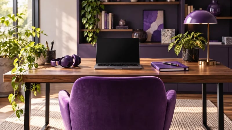 AI-generated editorial image: Empty home study desk with laptop, headphones and notebook, purple chair and warm daylight.