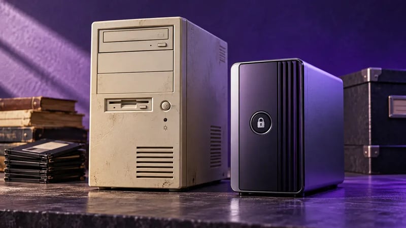 AI-generated editorial image: Old unbranded beige desktop tower beside a modern locked archival storage drive, historical computing still life.