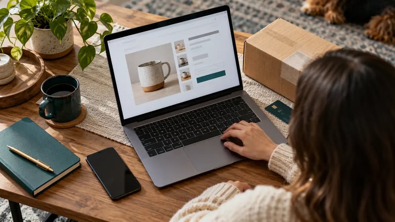 AI-generated editorial photograph of a shopper checking an unbranded laptop beside a parcel in natural daylight.