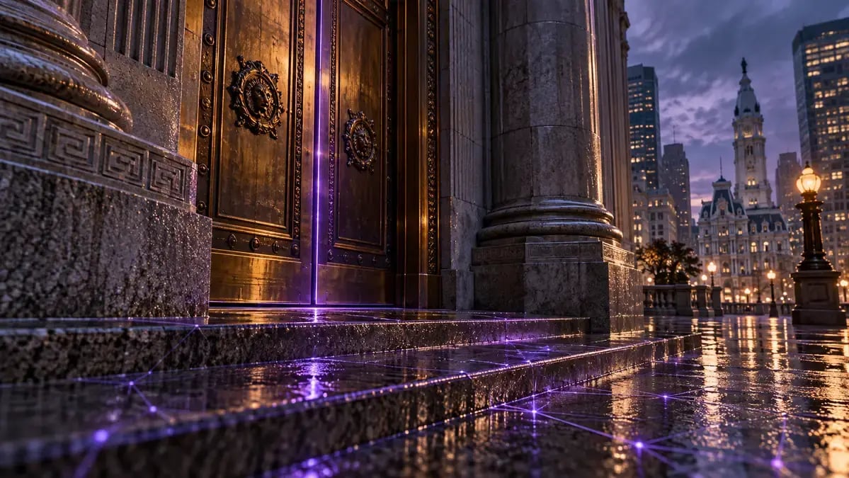 AI-generated editorial illustration of a stone financial building entrance with purple light and Philadelphia-style city architecture; not an actual bank facility.