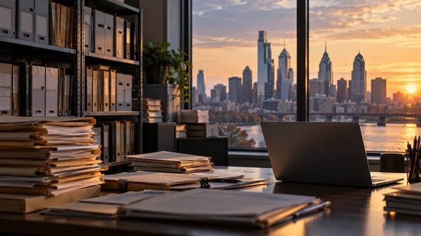 AI-generated editorial photograph of a generic records office with the Philadelphia skyline beyond; not an actual incident scene.