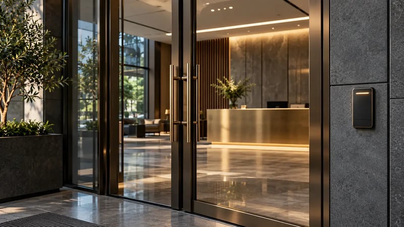 AI-generated editorial architectural photograph of a commercial entrance with badge reader, glass doors, and reception beyond.