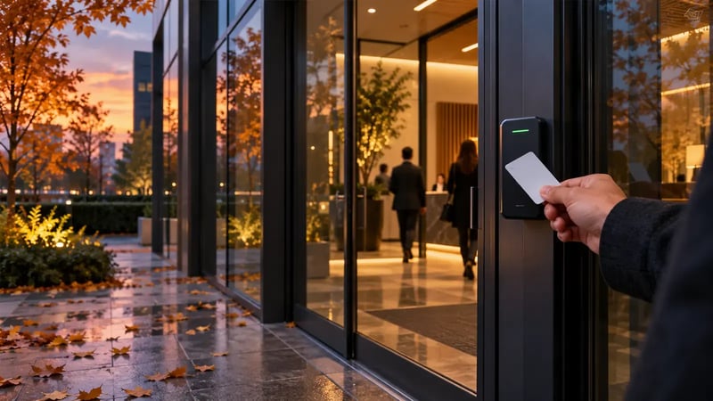 AI-generated editorial photograph of an office badge reader and entrance at autumn dusk with warm interior light.