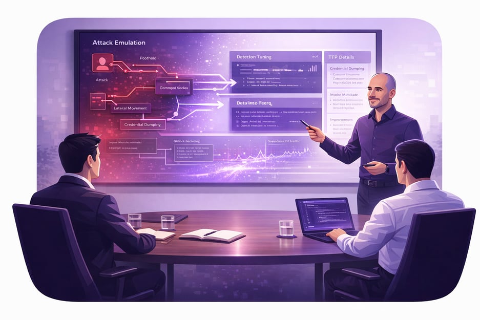 Collaborative purple team exercise scoping test cases without disrupting operations