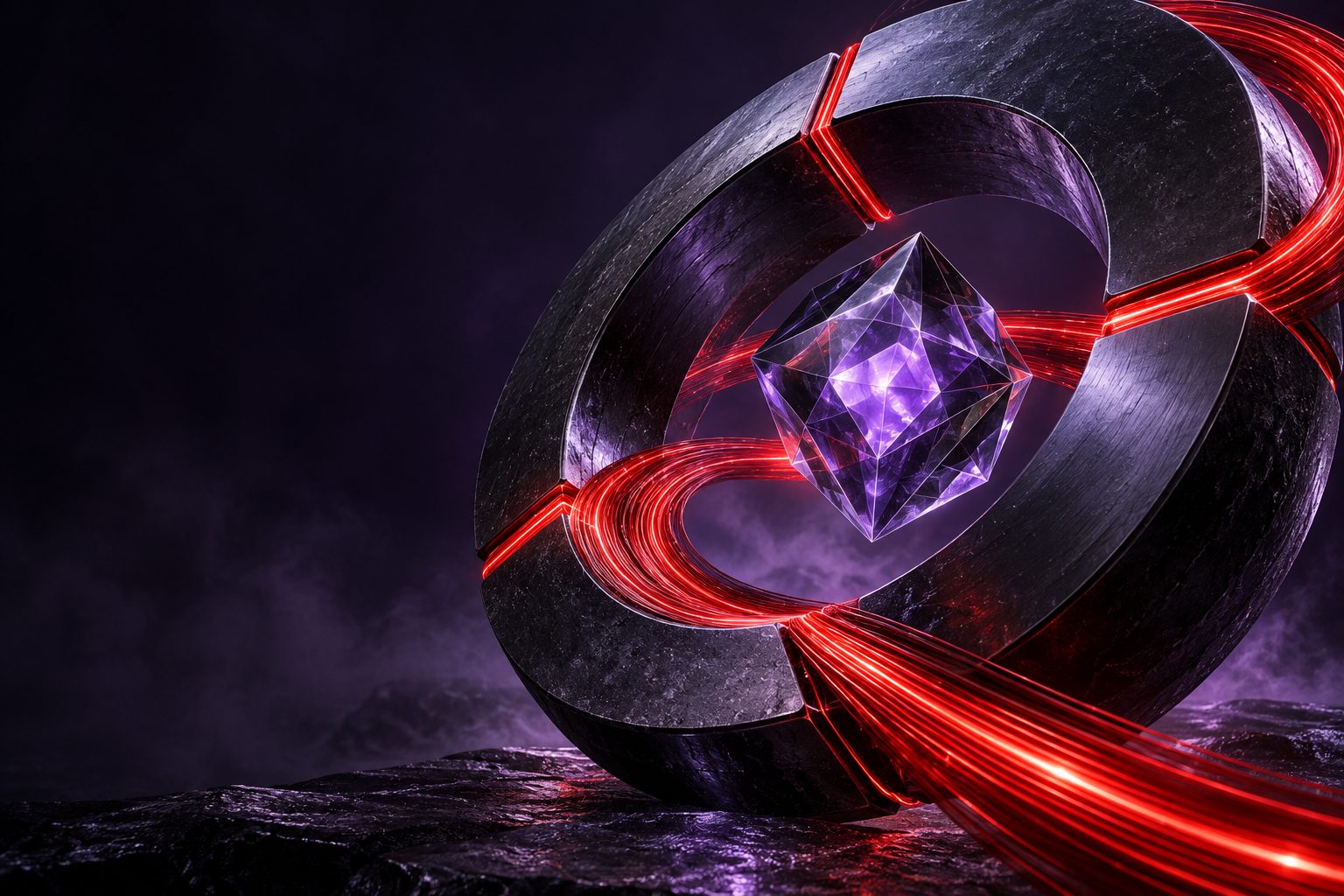 A sculptural black perimeter opens around a luminous purple core, crossed by vivid red light.