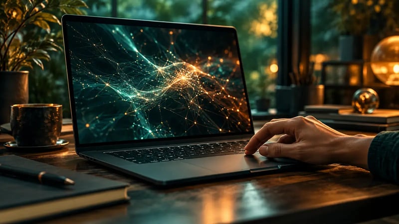 AI-generated editorial photograph of a hand beside a laptop showing an abstract neural pattern in forest teal and copper.