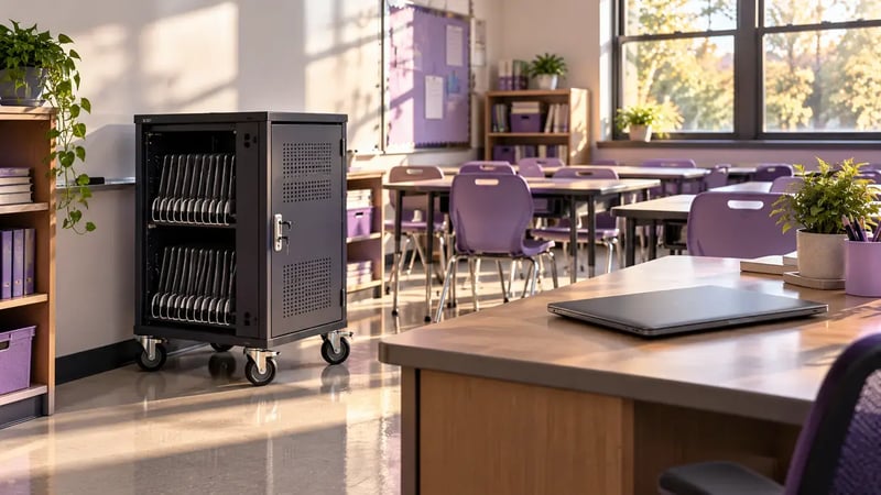 AI-generated editorial image: Secured laptop cart and teacher laptop in an empty classroom with purple accents.