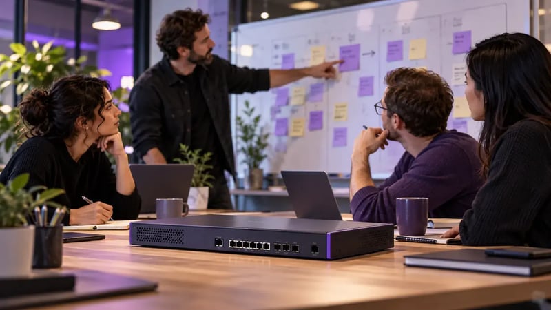 AI-generated editorial image: Security planning meeting with a network appliance and a coordinated project board.