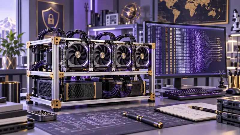 An open-frame multi-GPU workstation in a cybersecurity research lab.