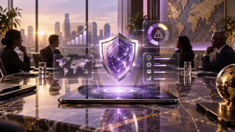 Illustration of a boardroom discussing security risk using a tablet and purple shield dashboard.