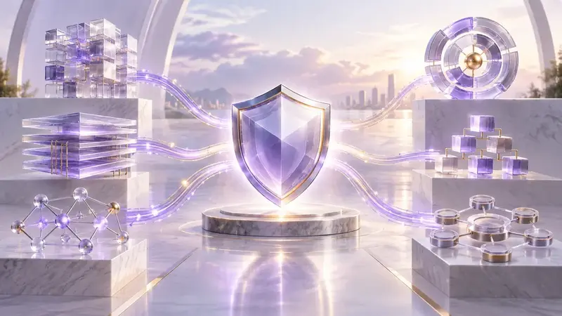 Translucent security frameworks connected to a central purple shield.
