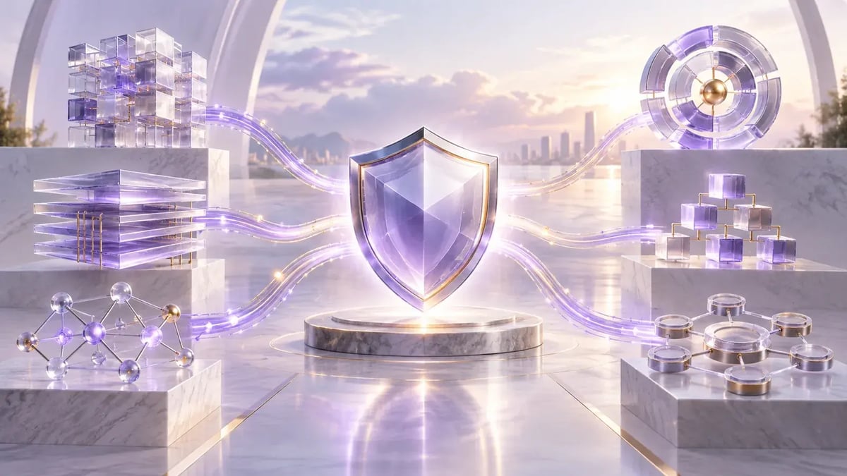 Translucent security frameworks connected to a central purple shield.