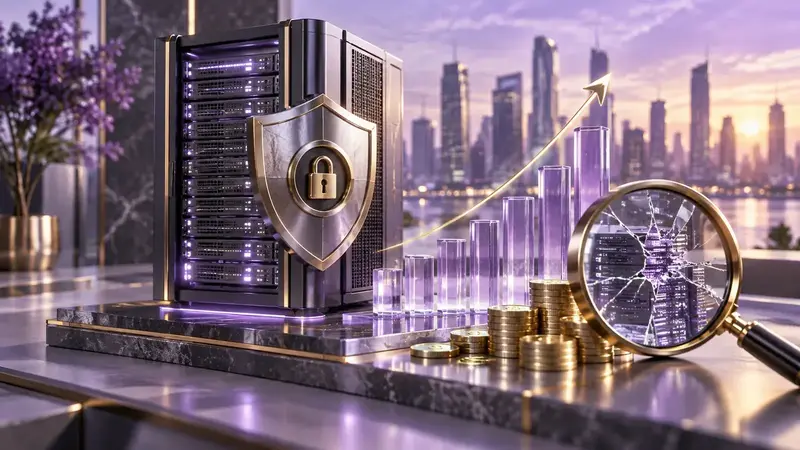 Illustration of rising data-breach costs beside a protected server and magnifying glass.
