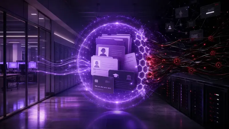 Student records inside a glowing purple shield deflecting red threat lines in a school data center.