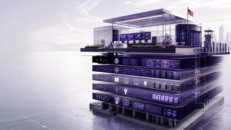 Cutaway of a glass office building with stacked layers of security controls beneath it.