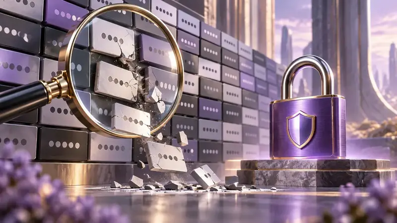 Illustration of weak password tiles breaking away beside a strong purple padlock.