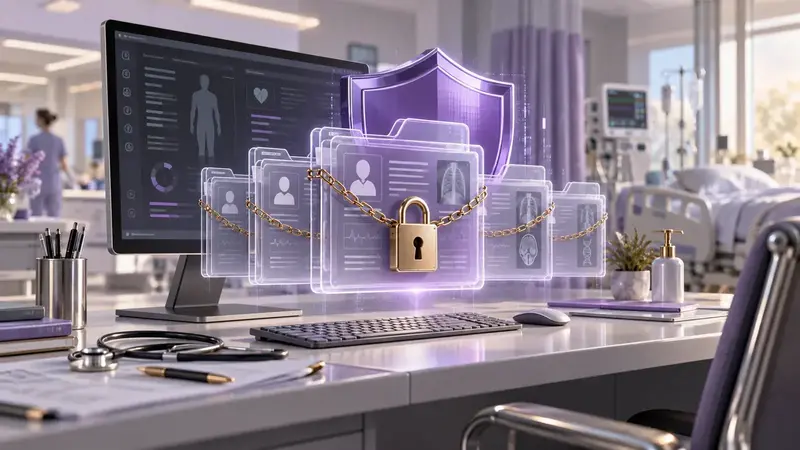Illustration of locked patient records and a purple shield in a hospital workstation.