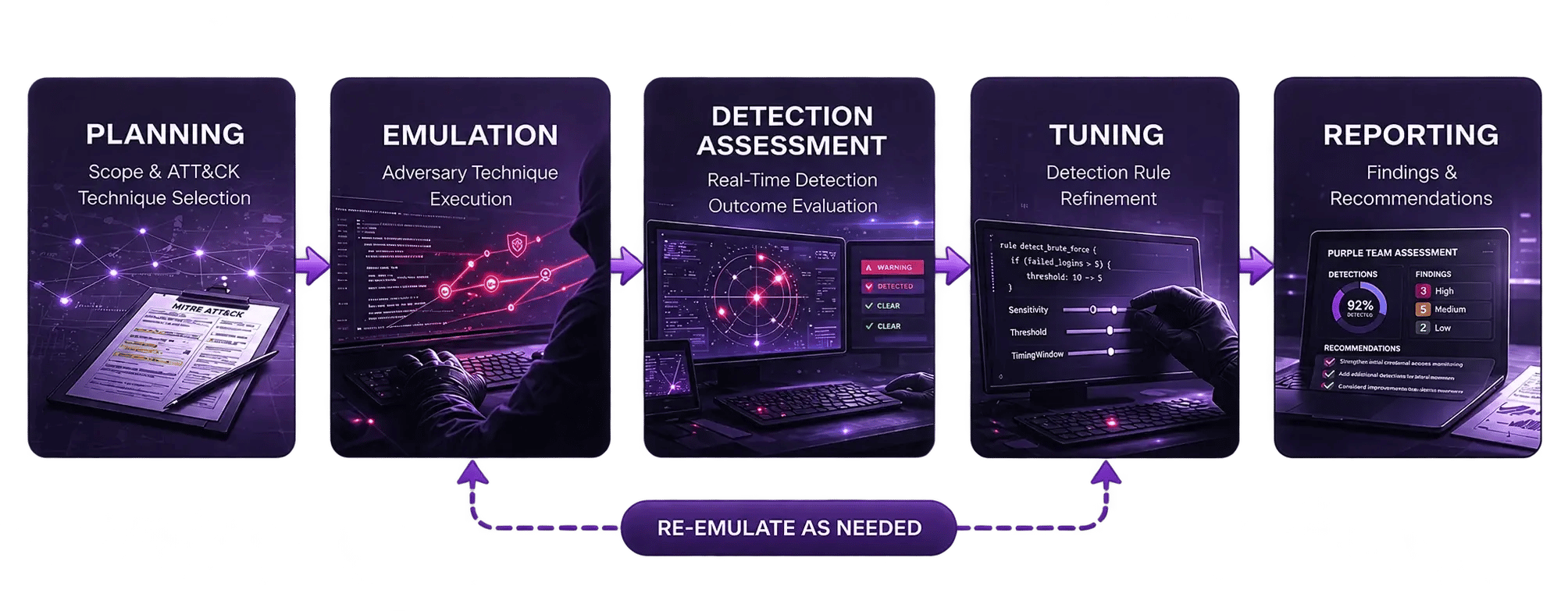 Purple team process: Planning, Emulation, Detection Assessment, Tuning, Reporting, re-emulate as needed