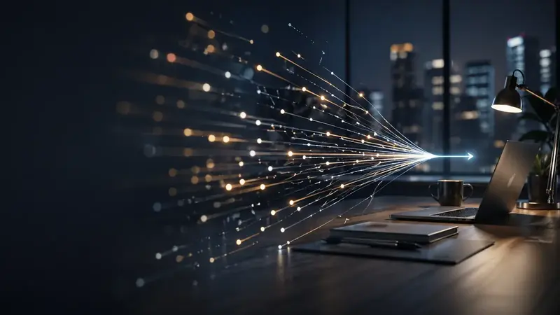 Streams of glowing alert signals converging on a laptop in a dark office at night.
