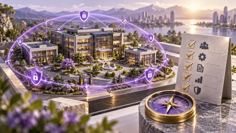 Illustration of a small office campus connected to security governance controls and a compass.