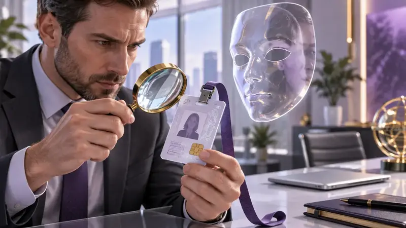 Illustration of an identity badge being inspected beside a translucent disguise mask.