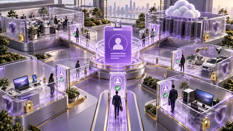 Illustration of segmented enterprise systems with identity verification gates for each connection.