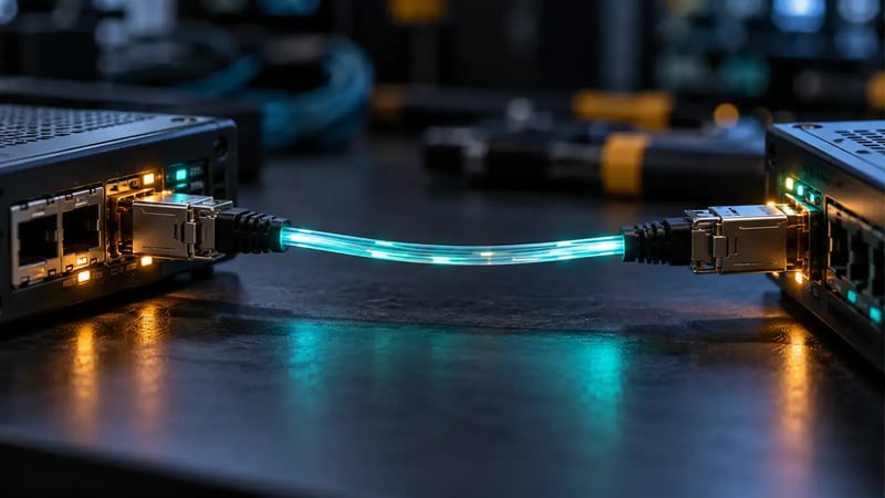 AI-generated editorial illustration of network devices connected by a luminous teal cable on a dark technician desk.
