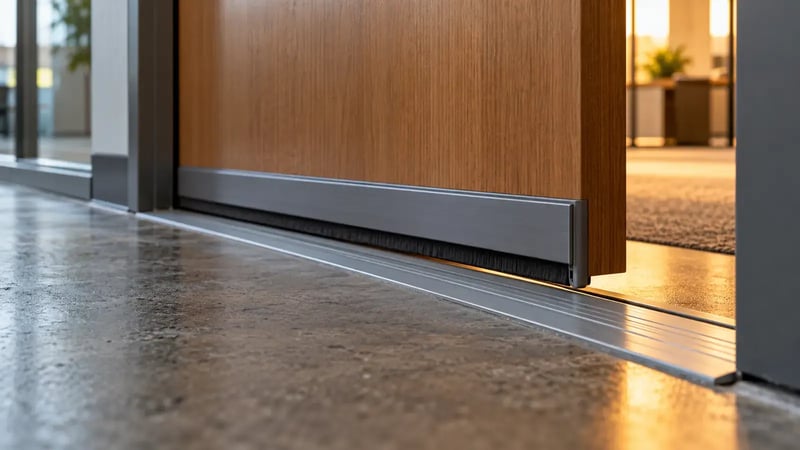 AI-generated editorial photograph of a commercial door threshold and fitted sweep, shown from a low angle.