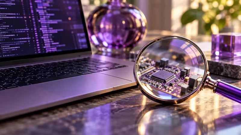 AI-generated editorial image: Magnifying lens over a circuit board beside a laptop, representing software vendor security review.