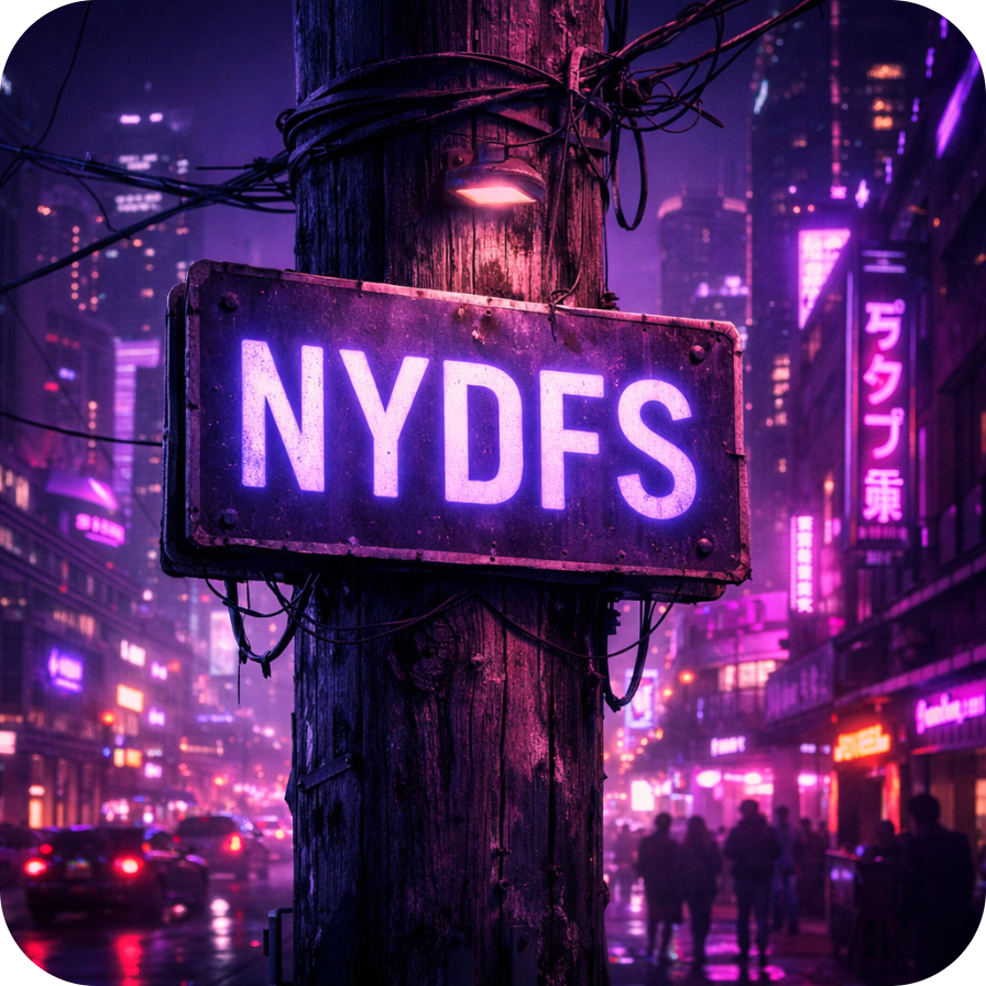 NYDFS on a phone pole sign in a cyber punk purple city-1
