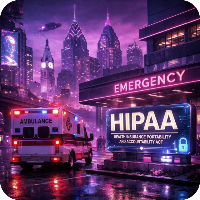 ambulance pulling up to hospital with HIPAA sign in front of a cyber punk Philadelphia in purples-1