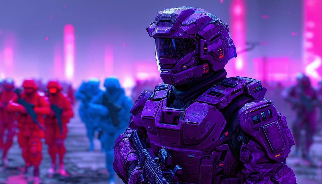 cyberpunk a purple soldier looking out over a battlefield with red soldiers to the left and blue soldiers to the right