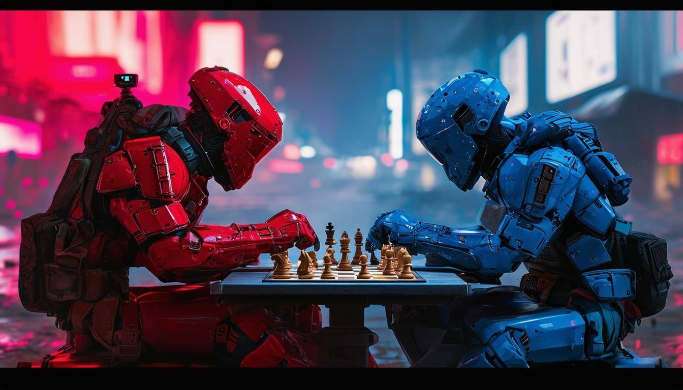 cyberpunk a red soldier and blue soldier sitting across from each other playing chess on the battlefield