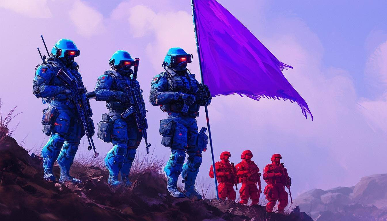 cyberpunk a team of blue soldiers and red soldiers standing on a hill holding a purple flag