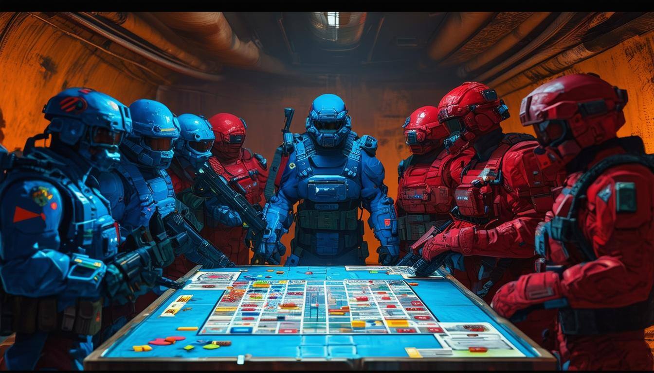 cyberpunk a team of blue soldiers and red soldiers standing over a board game in a military bunker