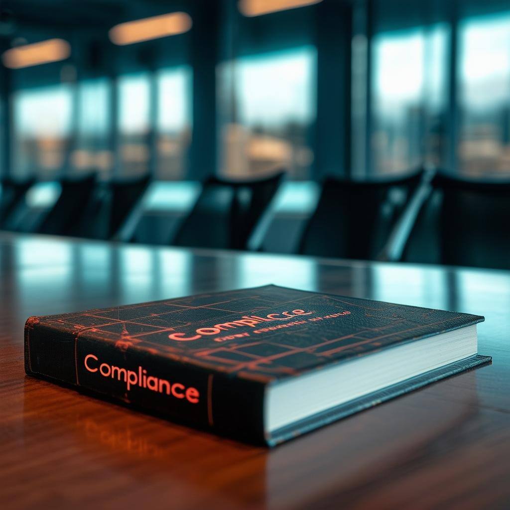 cyberpunk book on conference table that says Compliance on it-1