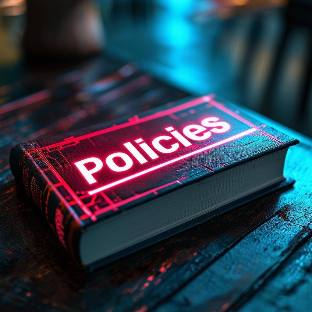 cyberpunk book on conference table that says Policies on it-1