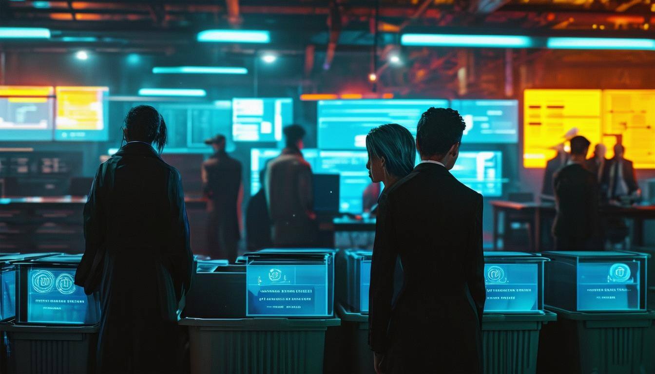 cyberpunk business people looking over bins of legal discovery