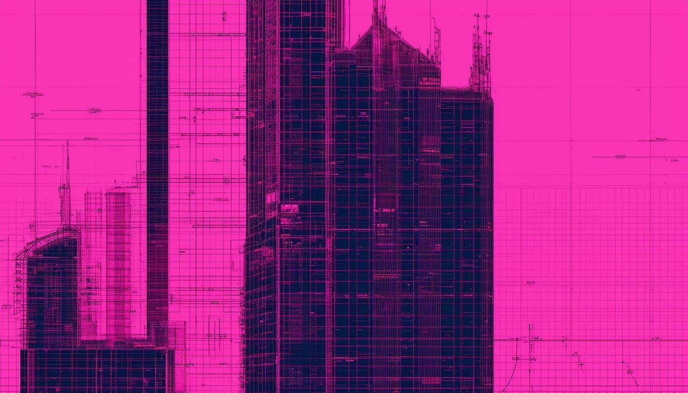 cyberpunk corporate skyscraper blueprint with pink