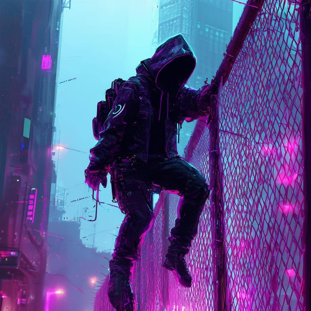 cyberpunk hacker climb fence-1