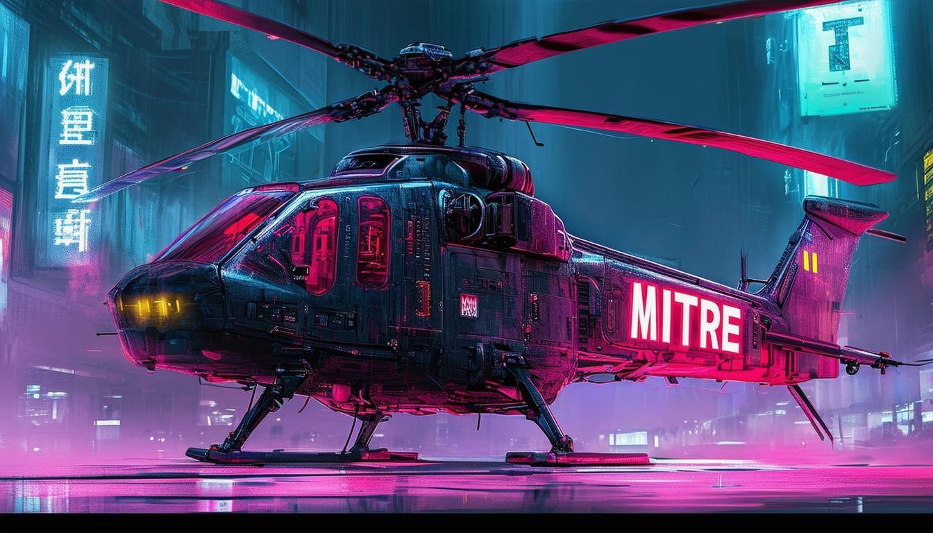 cyberpunk helicopter that says MITRE on the side of it-1