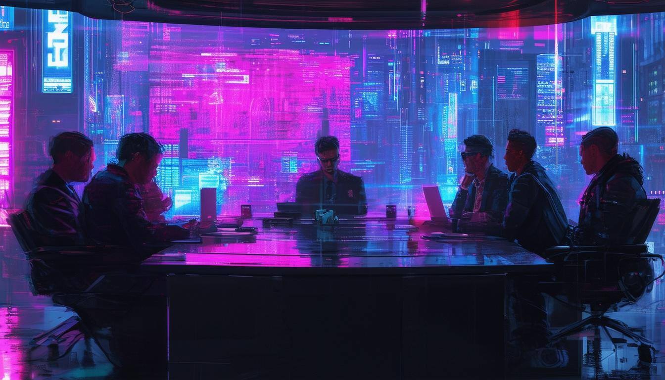 cyberpunk job interview multiple people