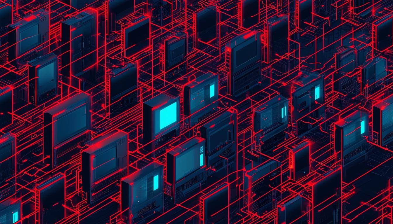 cyberpunk poster of a bunch of computers all connected by red lines