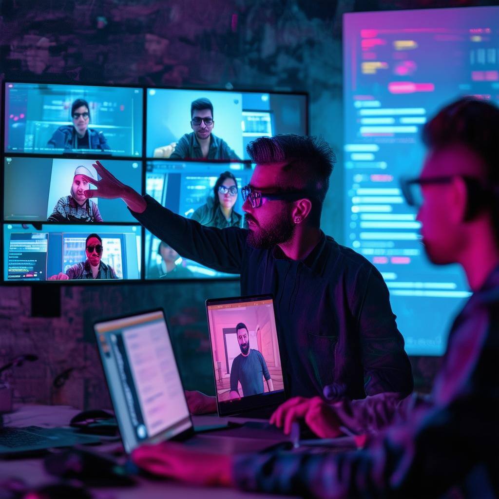 cyberpunk project manager directing a team over video call