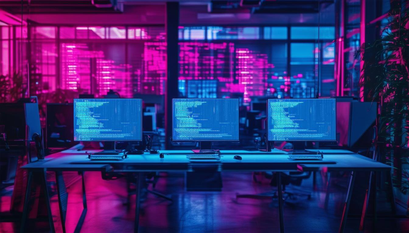 cyberpunk ransomware infecting to all computers in an open concept office space