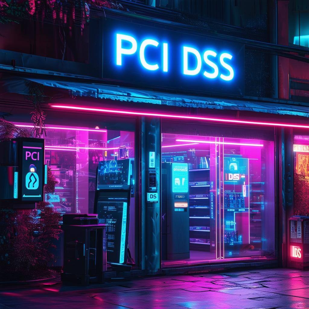 cyberpunk sign outside a retail store that says PCI DSS