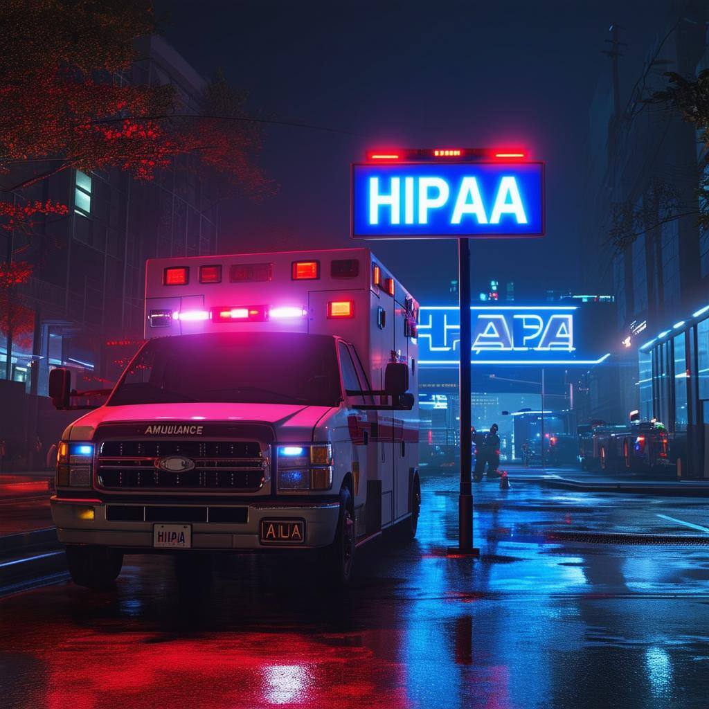 cyberpunk sign outside of ER next to ambulance that says HIPAA