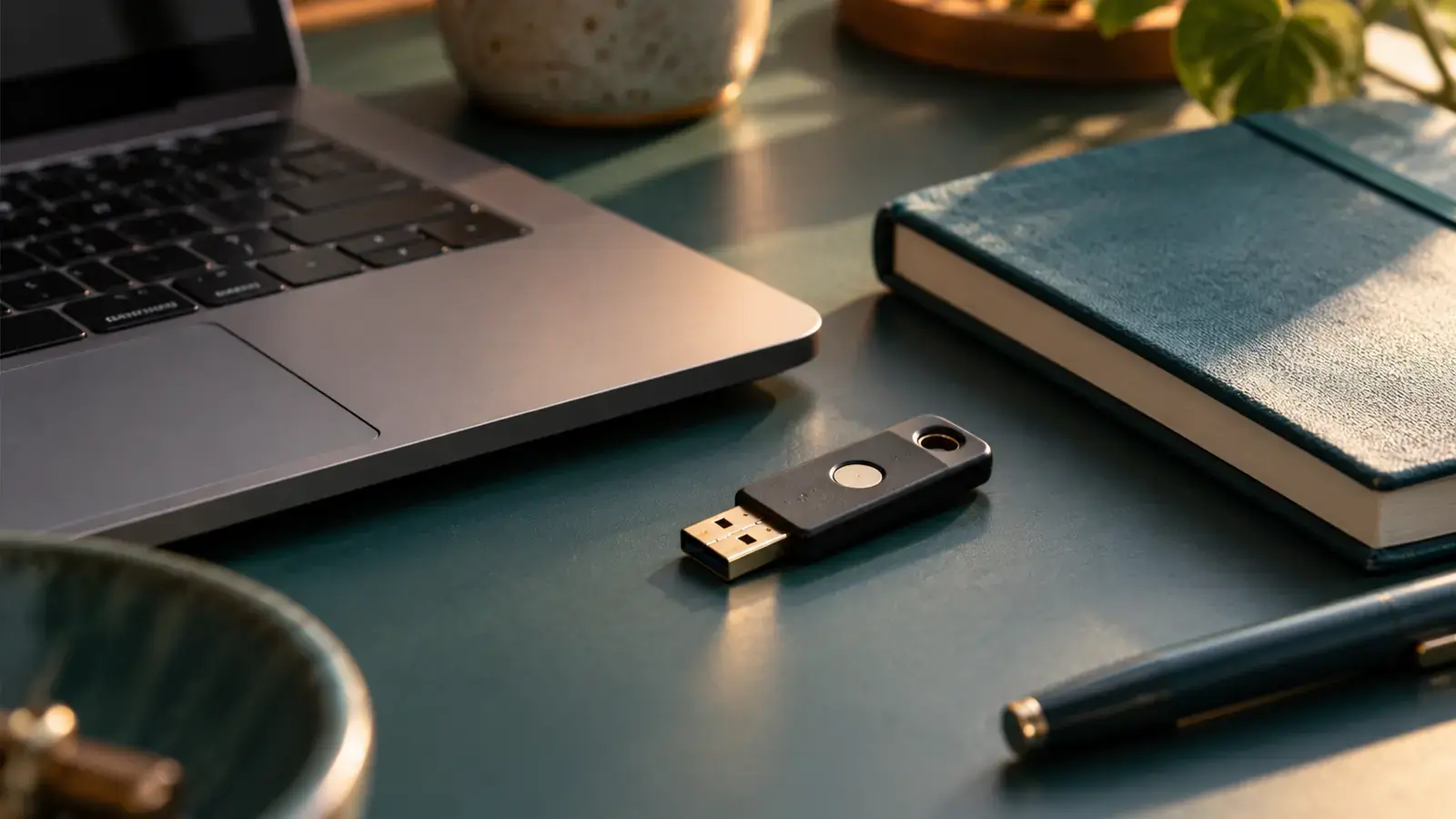 AI-generated editorial photograph of a hardware security key beside a laptop and closed notebook in warm natural light.
