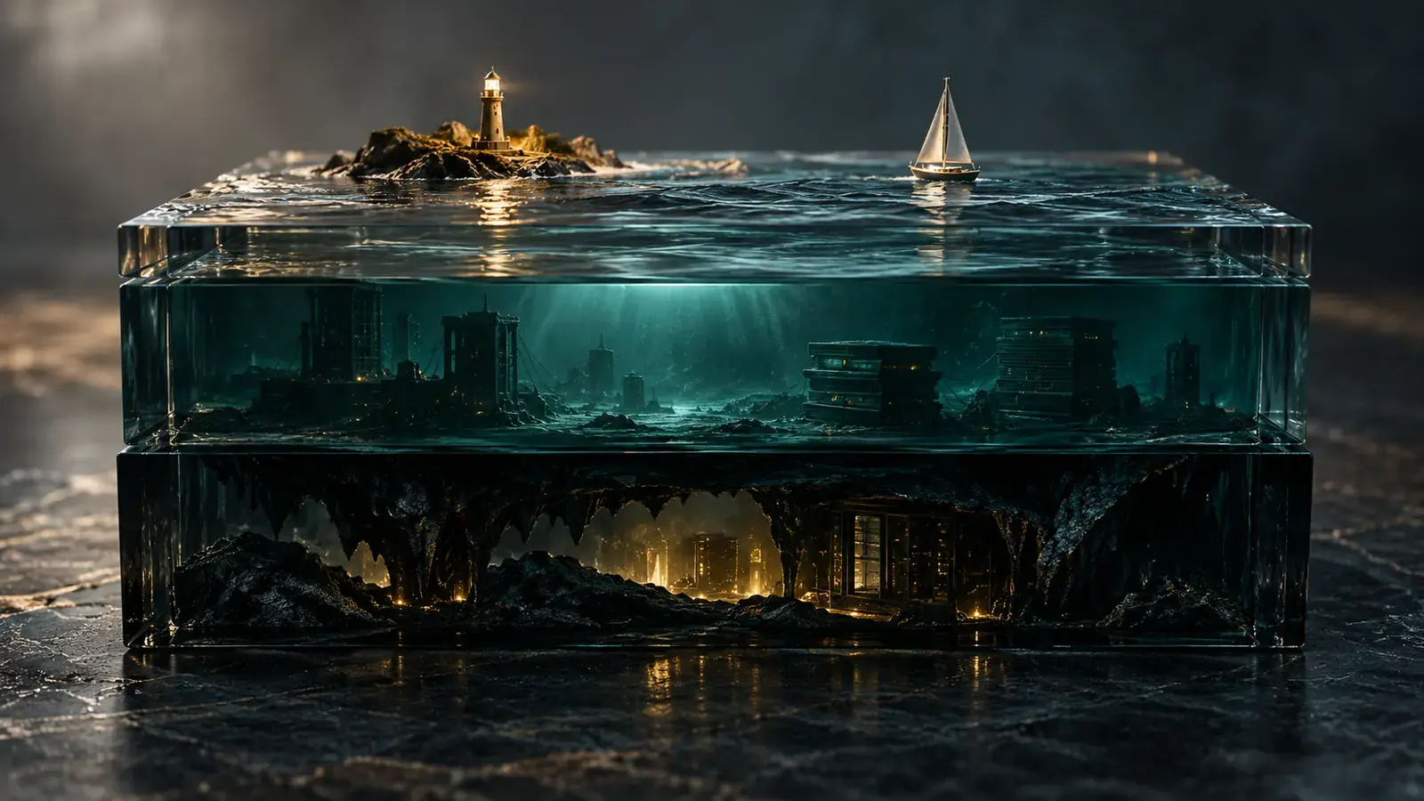 AI-generated conceptual illustration of layered smoked-glass environments representing surface, deep, and dark web access.